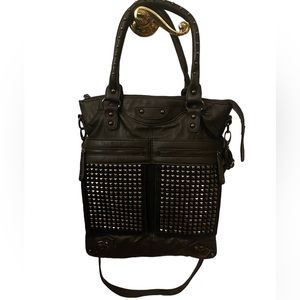 Street Level Black Vegan Leather Studded Hobo Bag